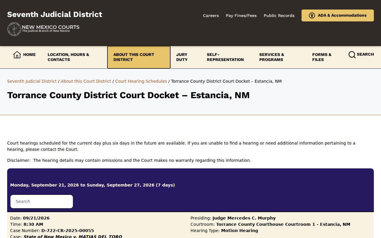 Torrance County District Court docket route for warrant records