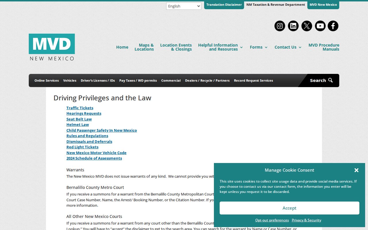 New Mexico MVD warrant information limit for Torrance County traffic matters