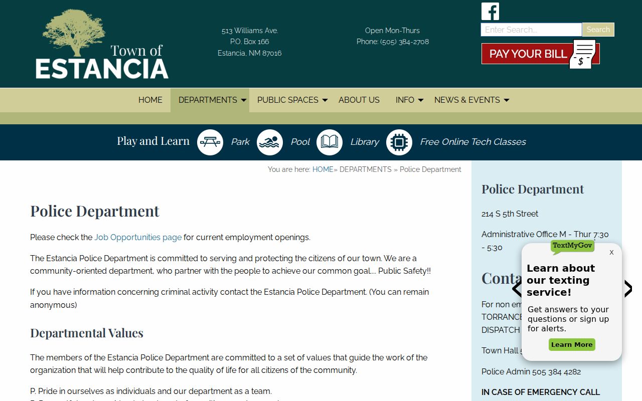 Estancia Police contact route for Torrance County city warrant records