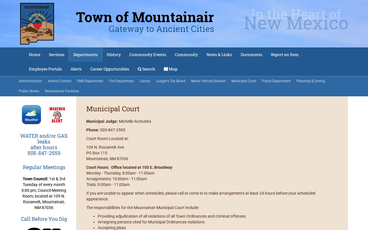 Mountainair municipal court hours for Mountainair warrant records
