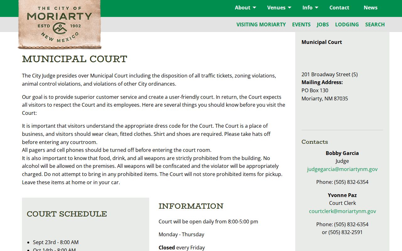 Moriarty municipal court room for Torrance County city warrants